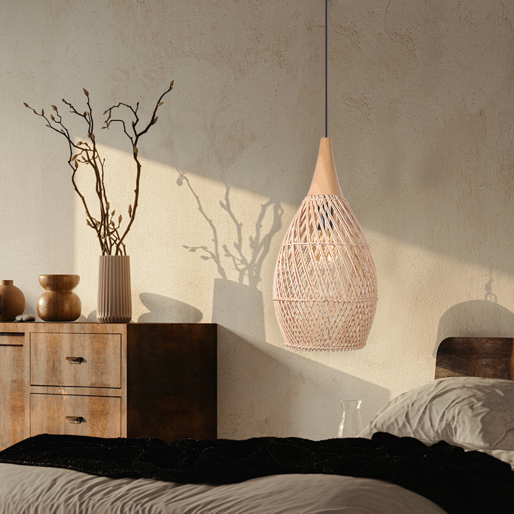 Dining Room Vintage Pendant Light Handmade Wood Rattan Lampshade