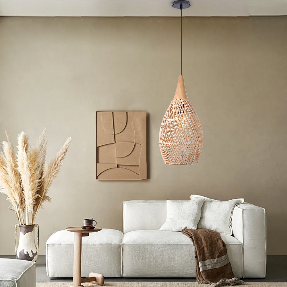 Dining Room Vintage Pendant Light Handmade Wood Rattan Lampshade