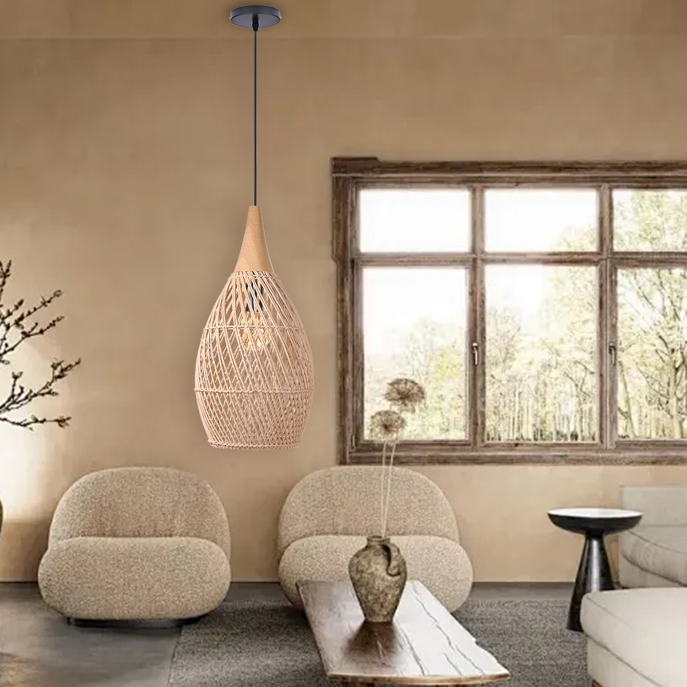 Dining Room Vintage Pendant Light Handmade Wood Rattan Lampshade