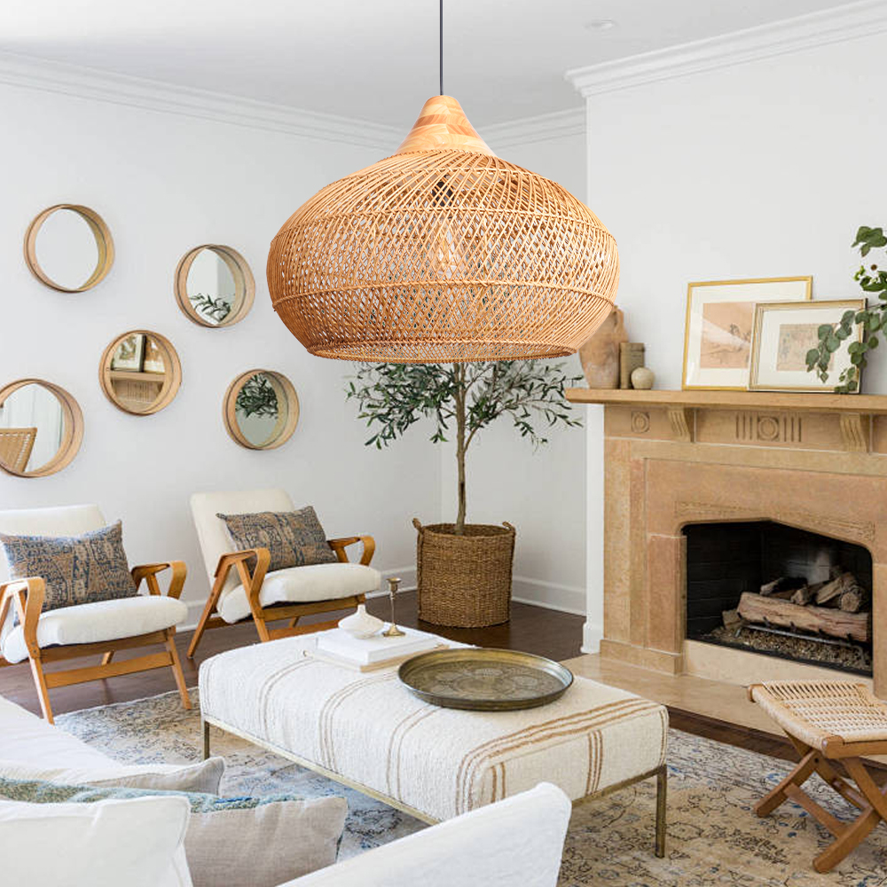 Wabi-sabi Rattan Chandeliers Rustic Handwoven Light Fixture for Restaurant