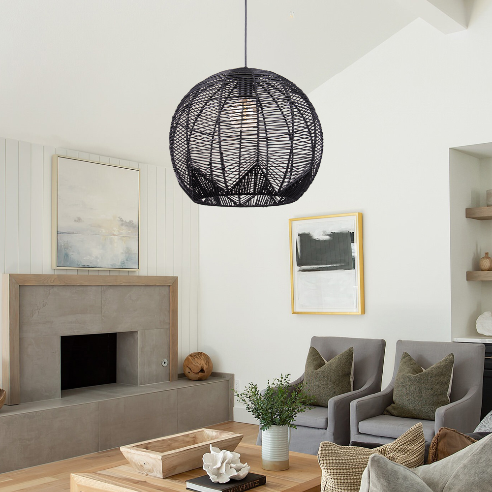 Black Bamboo Rattan Pendant Light Japanese Wabi-Sabi Handwoven Shade