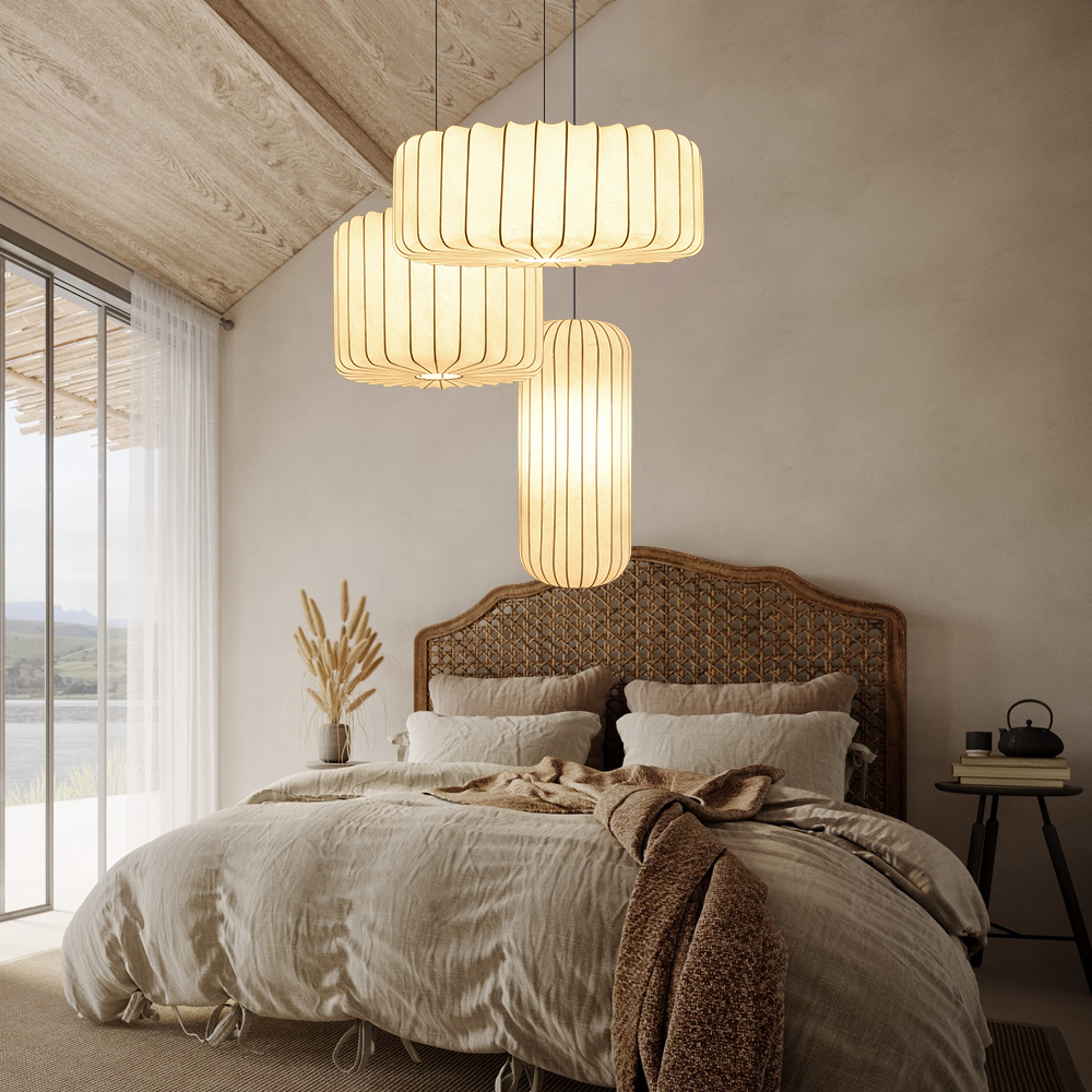 Wabi-Sabi Style Japanese Simple Imitation Silk Pendant Lights Living Room Combination Lamps