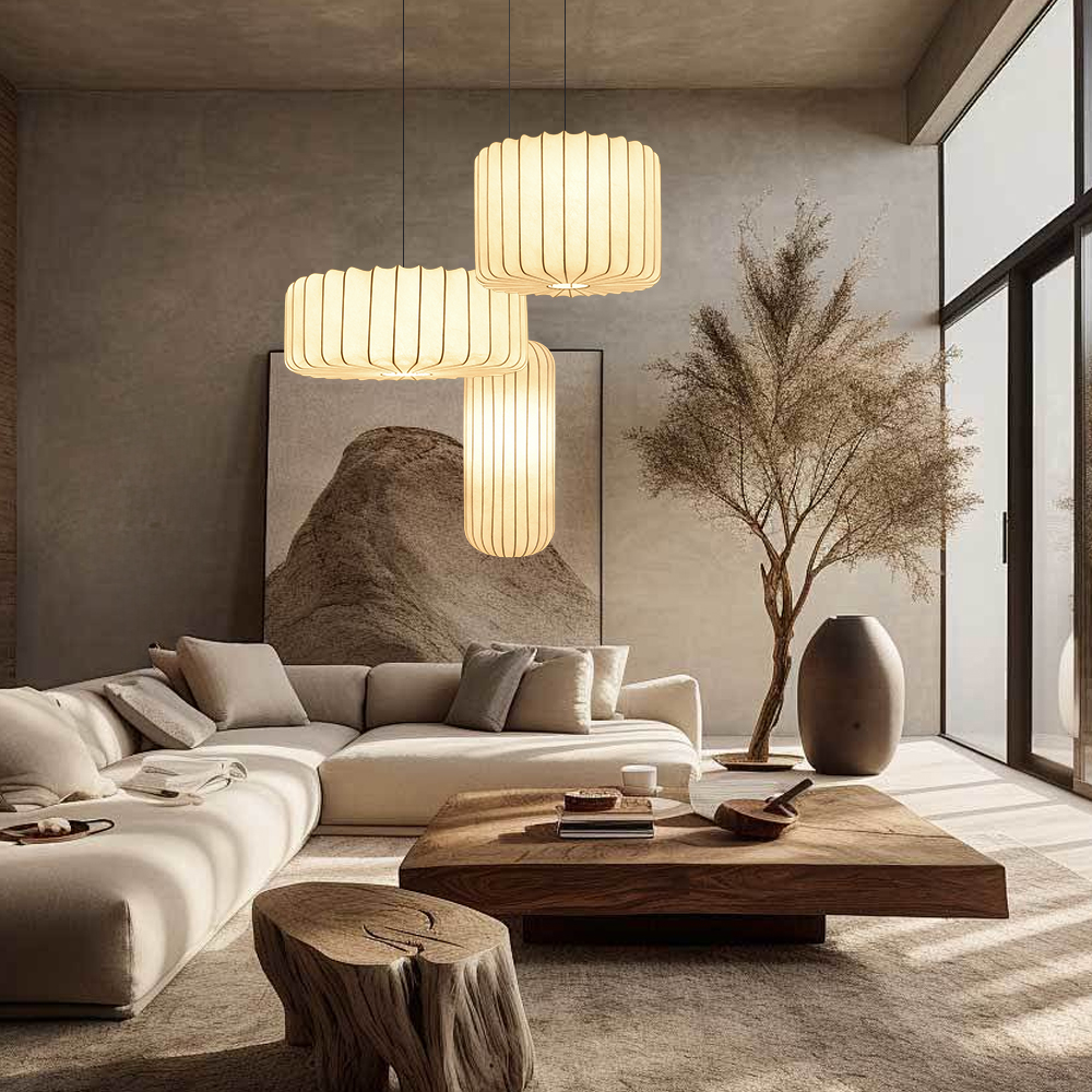Wabi-Sabi Style Japanese Simple Imitation Silk Pendant Lights Living Room Combination Lamps