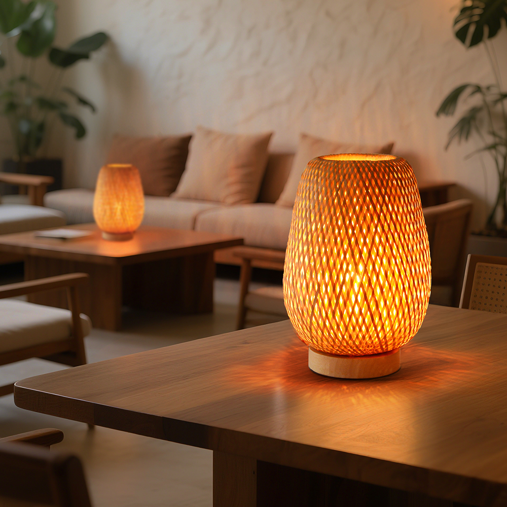 Vintage Wooden Handmade Woven Bamboo Table Lamp