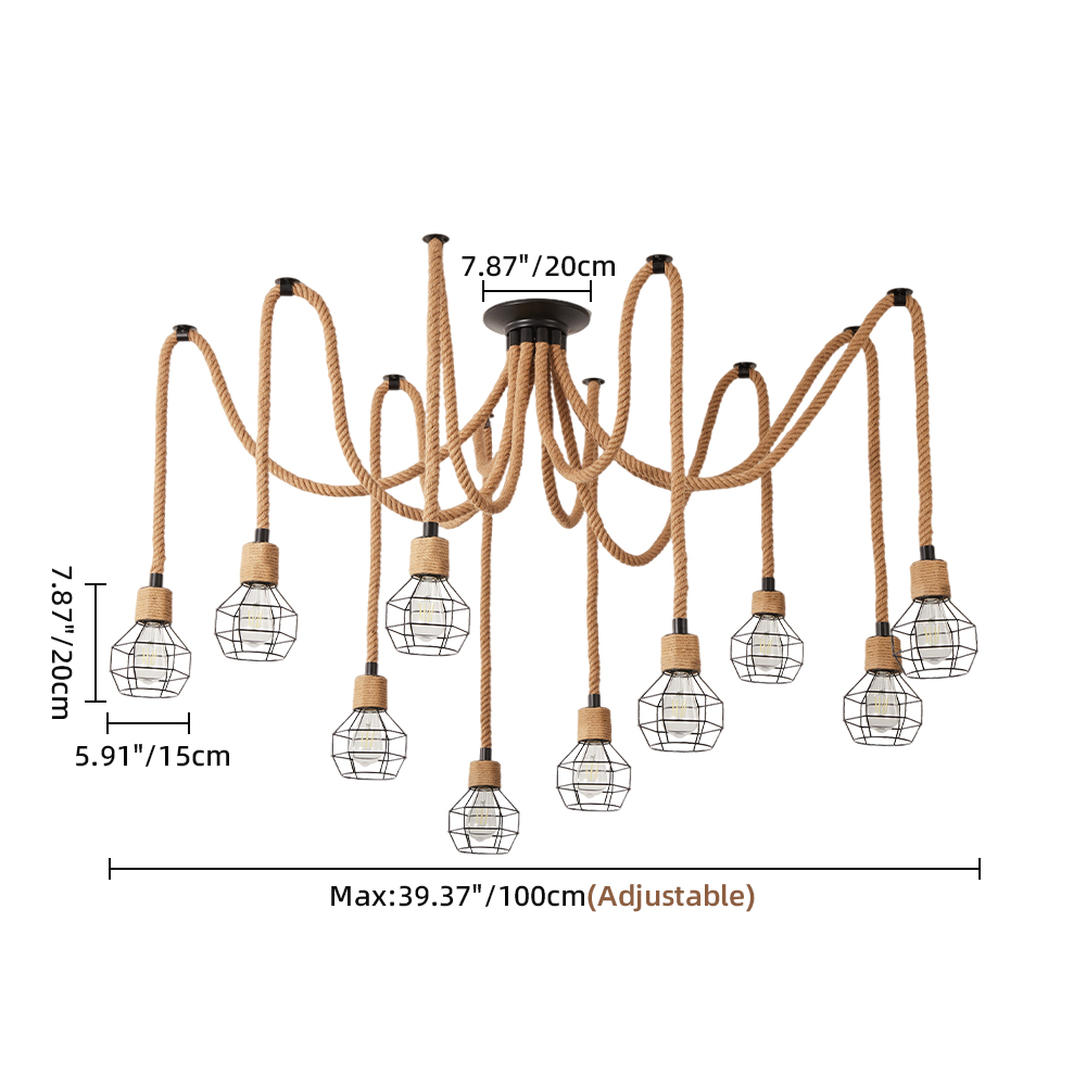 Spherical cage rope multi lamp brown pendant light