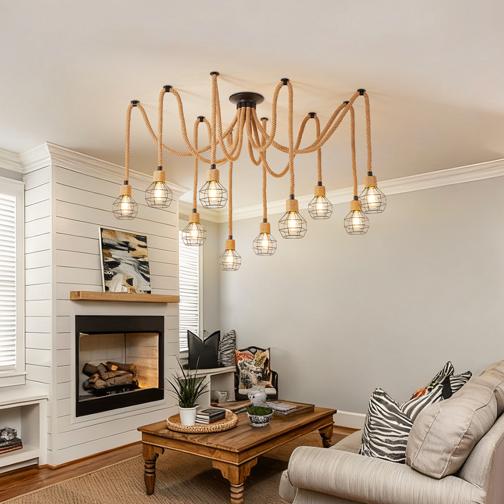 Spherical cage rope multi lamp brown pendant light