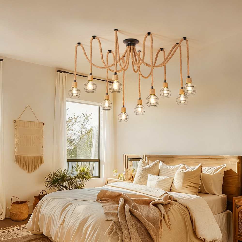 Spherical cage rope multi lamp brown pendant light