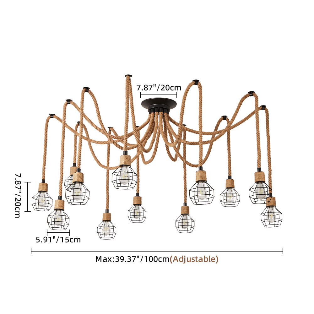 Spherical cage rope multi lamp brown pendant light