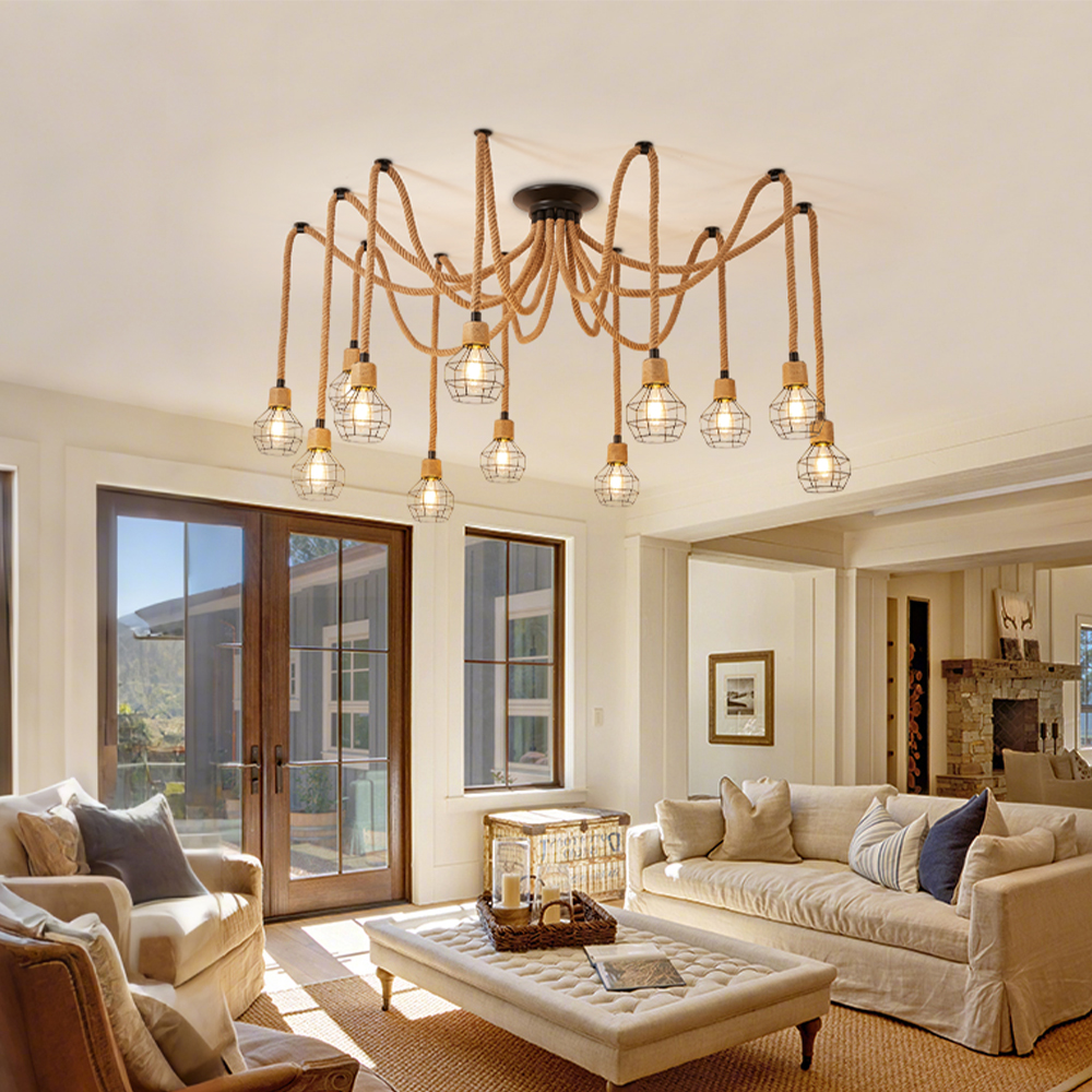 Spherical cage rope multi lamp brown pendant light