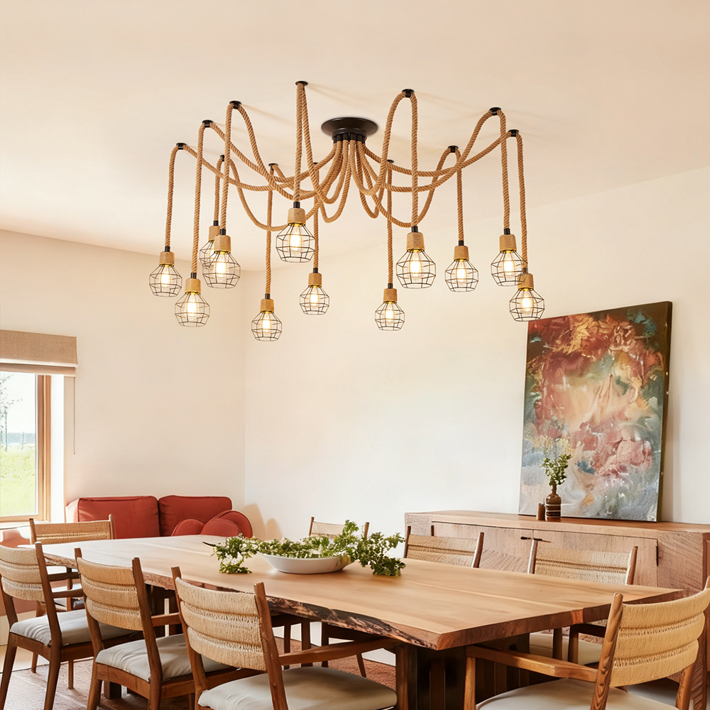 Spherical cage rope multi lamp brown pendant light