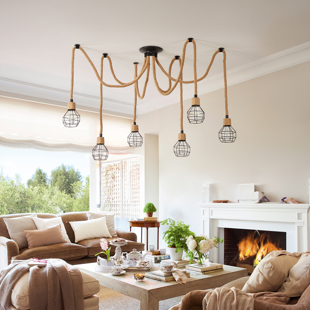 Spherical cage rope multi lamp brown pendant light