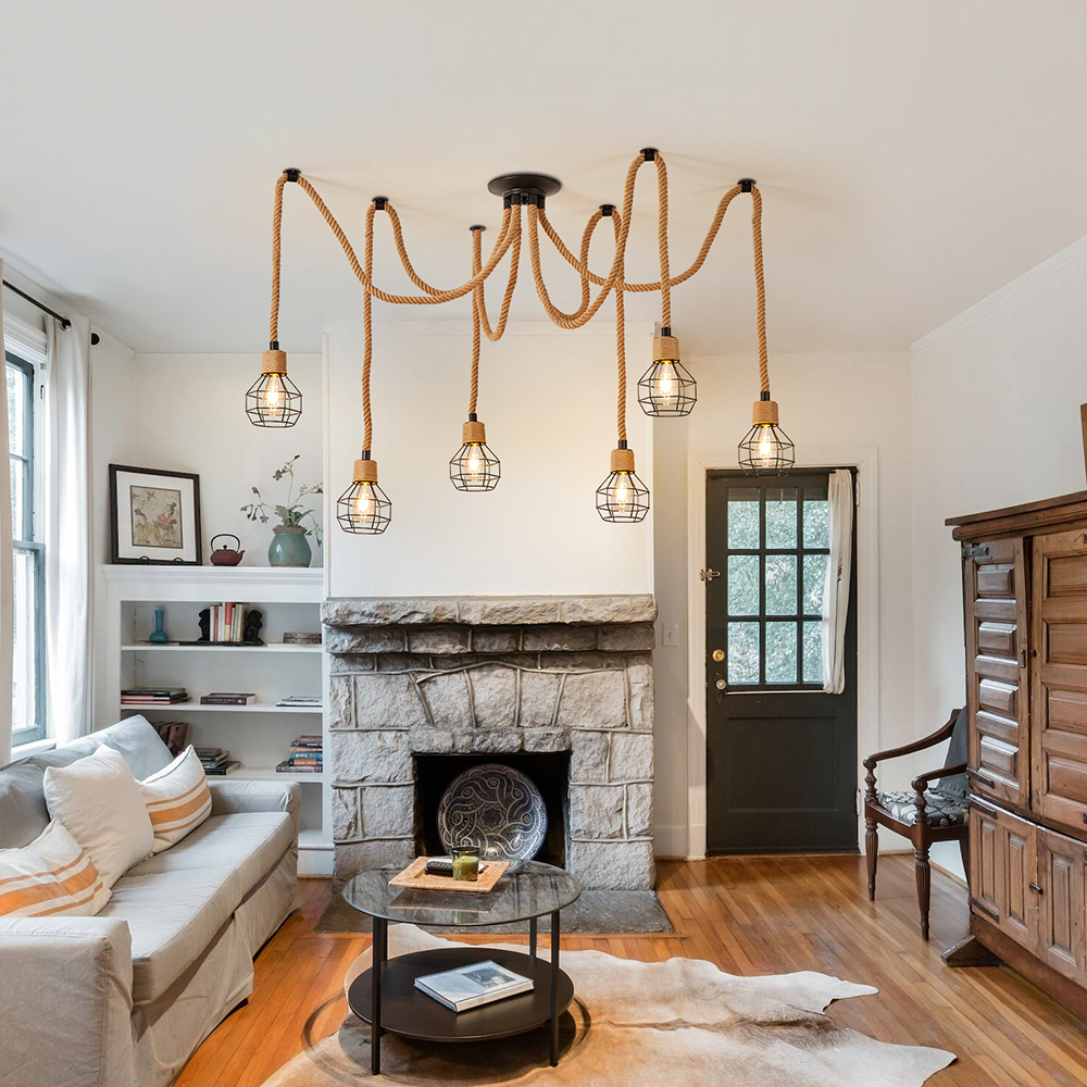 Spherical cage rope multi lamp brown pendant light