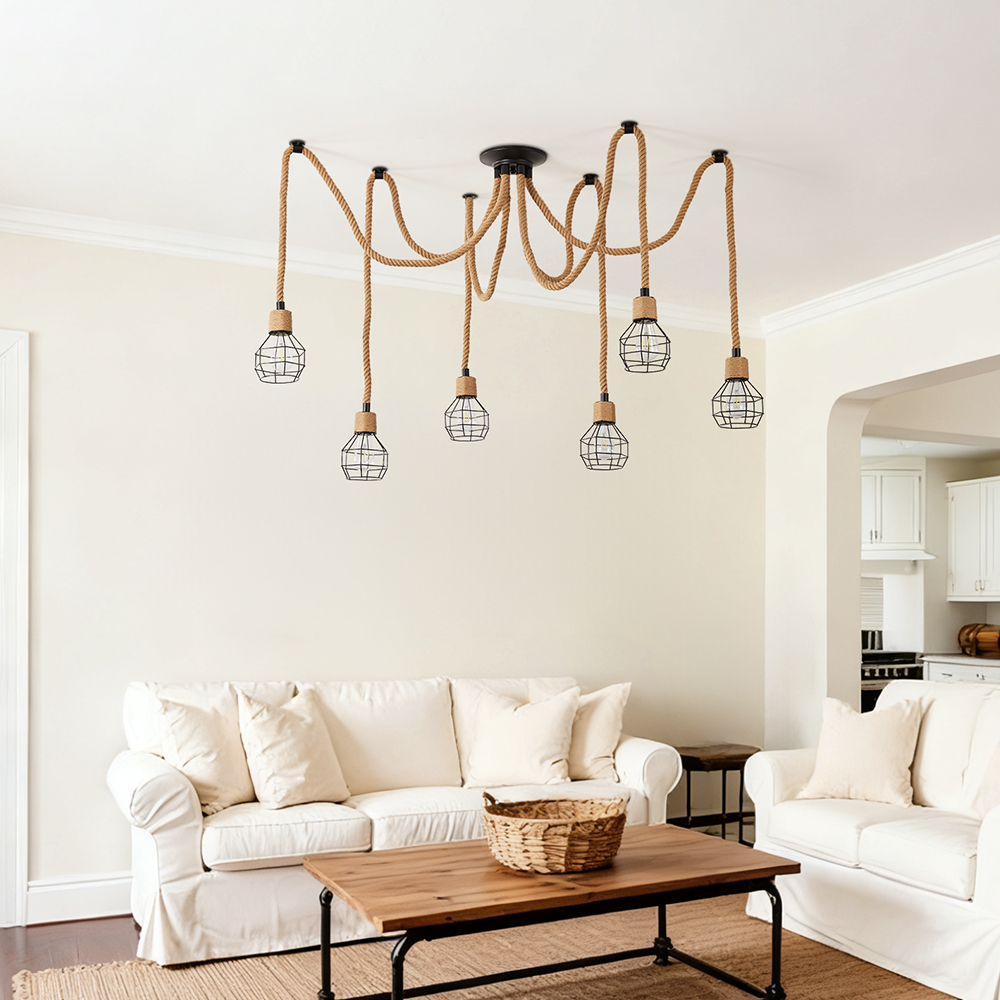 Spherical cage rope multi lamp brown pendant light