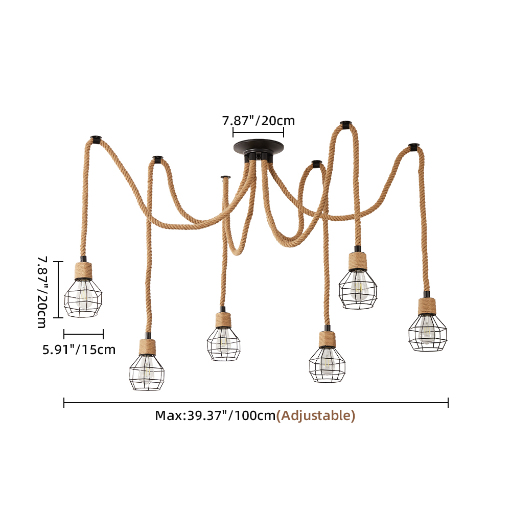 Spherical cage rope multi lamp brown pendant light