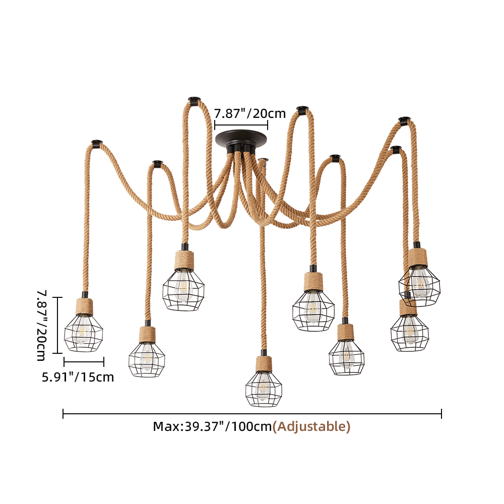 Spherical cage rope multi lamp brown pendant light