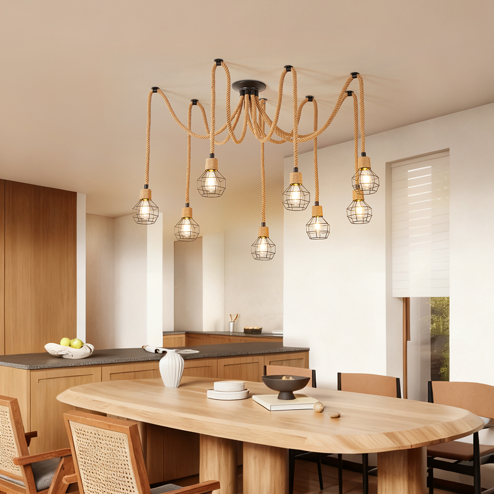 Spherical cage rope multi lamp brown pendant light