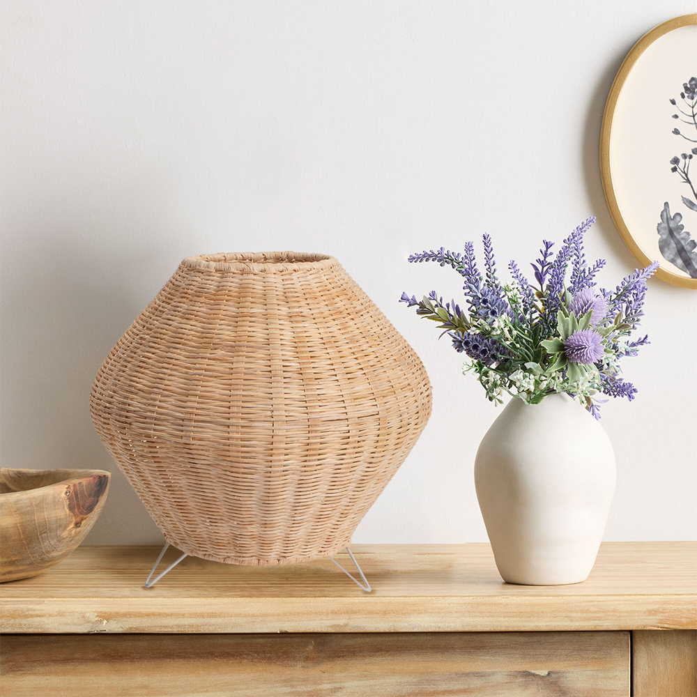 Handwoven Rattan Diamond Table Lamp with Metal Legs Boho Ambient Lighting