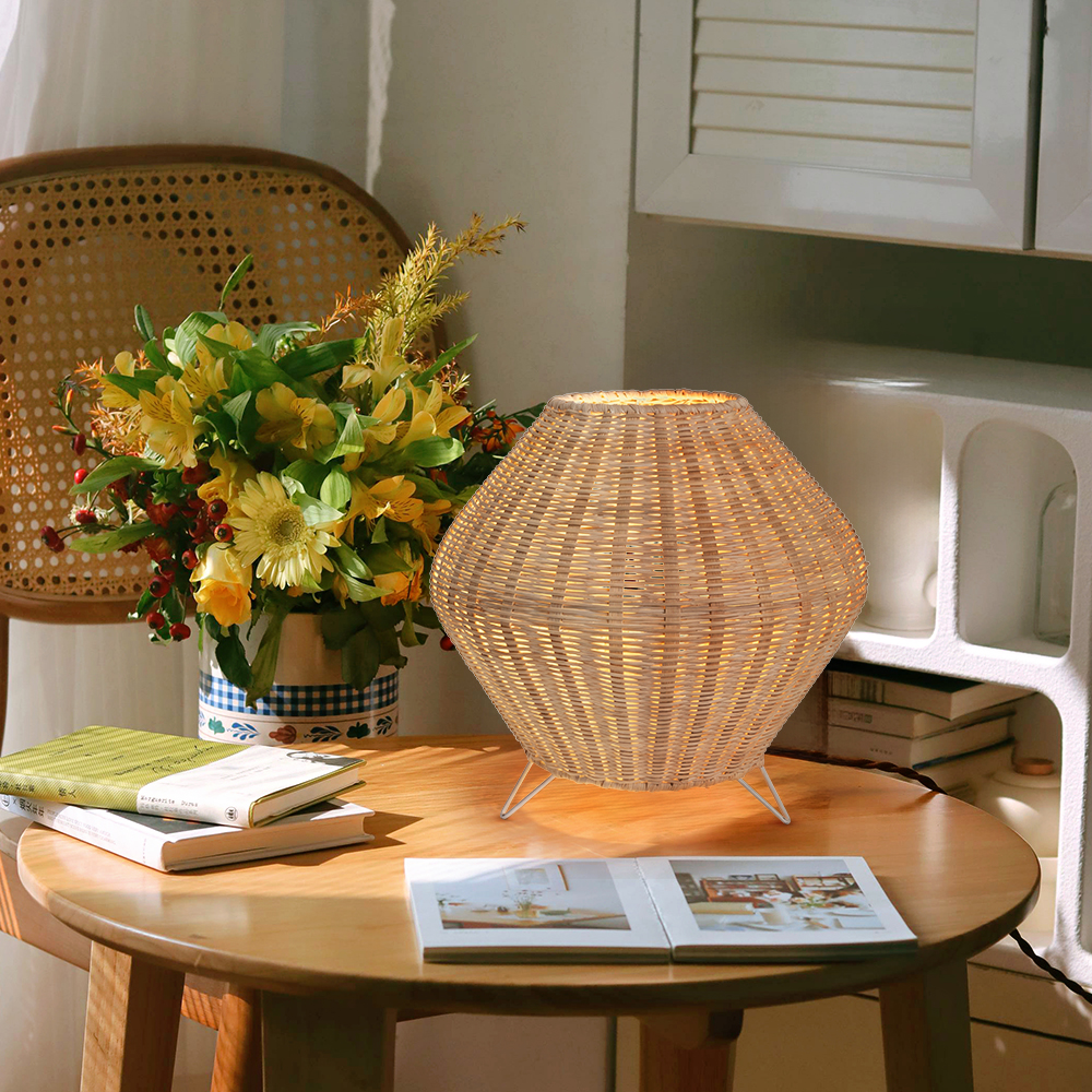 Handwoven Rattan Diamond Table Lamp with Metal Legs Boho Ambient Lighting