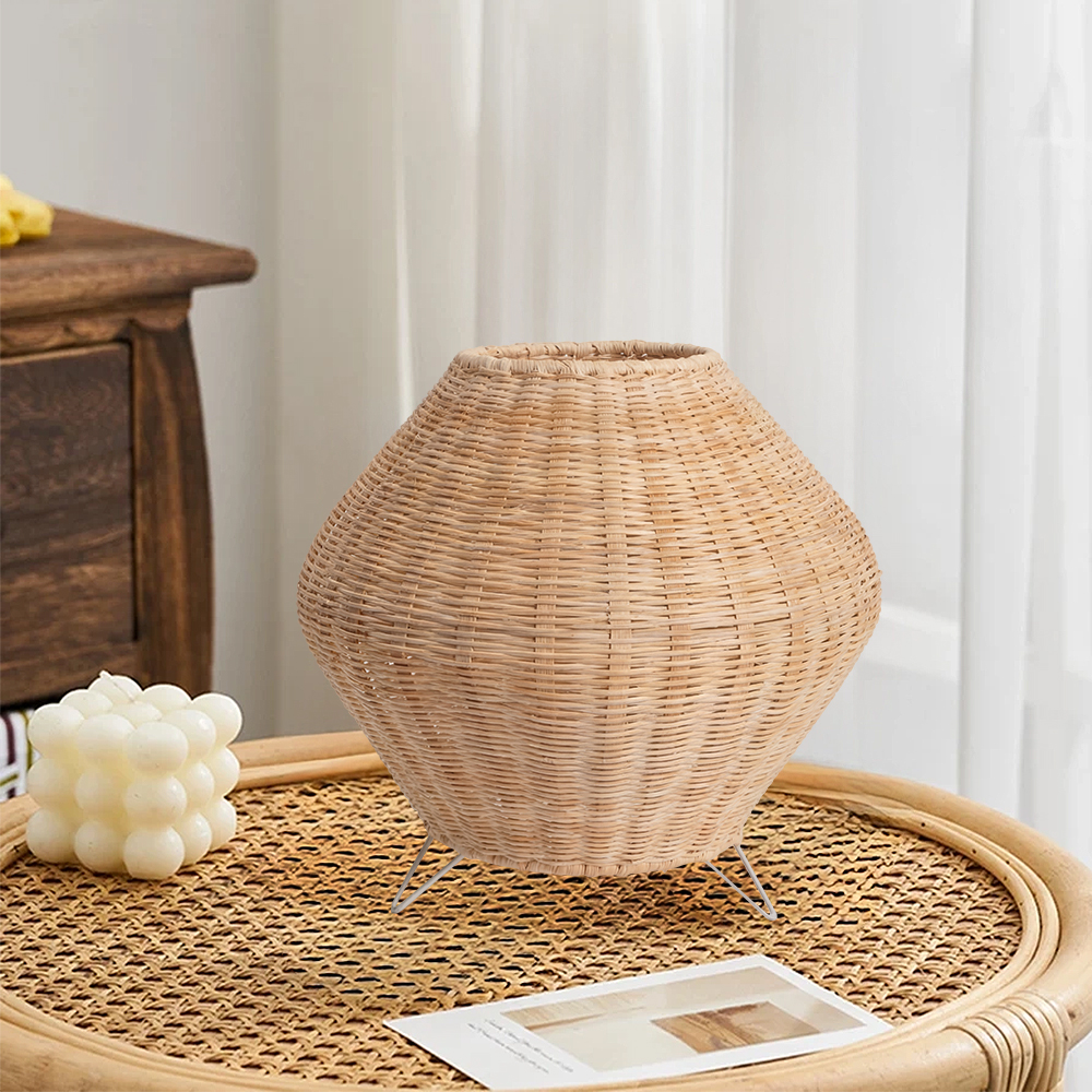 Handwoven Rattan Diamond Table Lamp with Metal Legs Boho Ambient Lighting