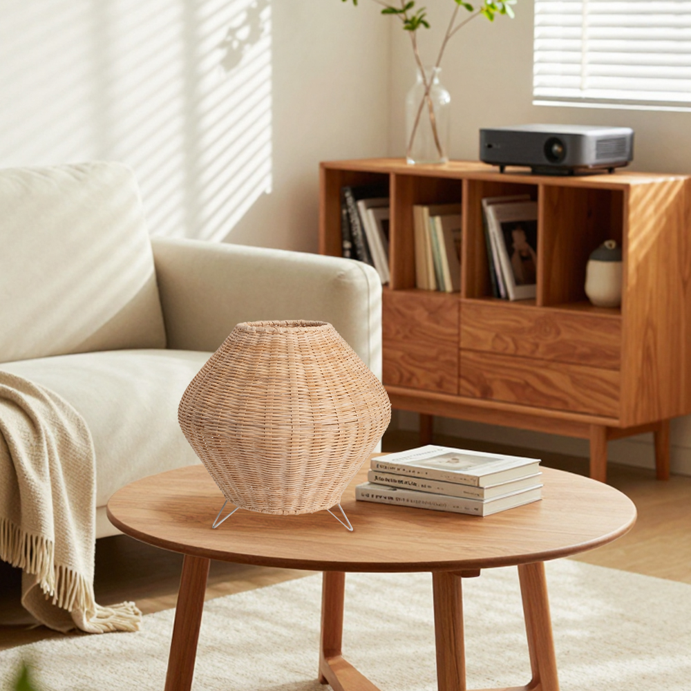 Handwoven Rattan Diamond Table Lamp with Metal Legs Boho Ambient Lighting