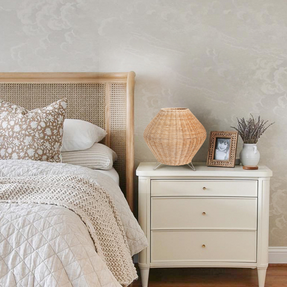 Handwoven Rattan Diamond Table Lamp with Metal Legs Boho Ambient Lighting