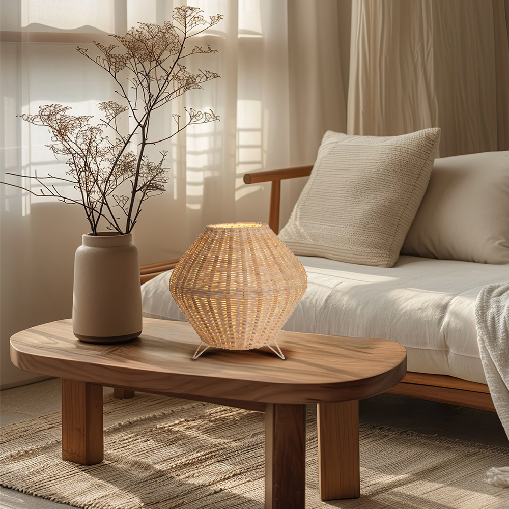 Handwoven Rattan Diamond Table Lamp with Metal Legs Boho Ambient Lighting