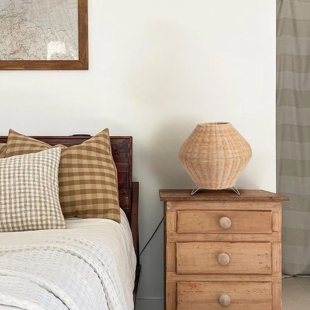 Handwoven Rattan Diamond Table Lamp with Metal Legs Boho Ambient Lighting
