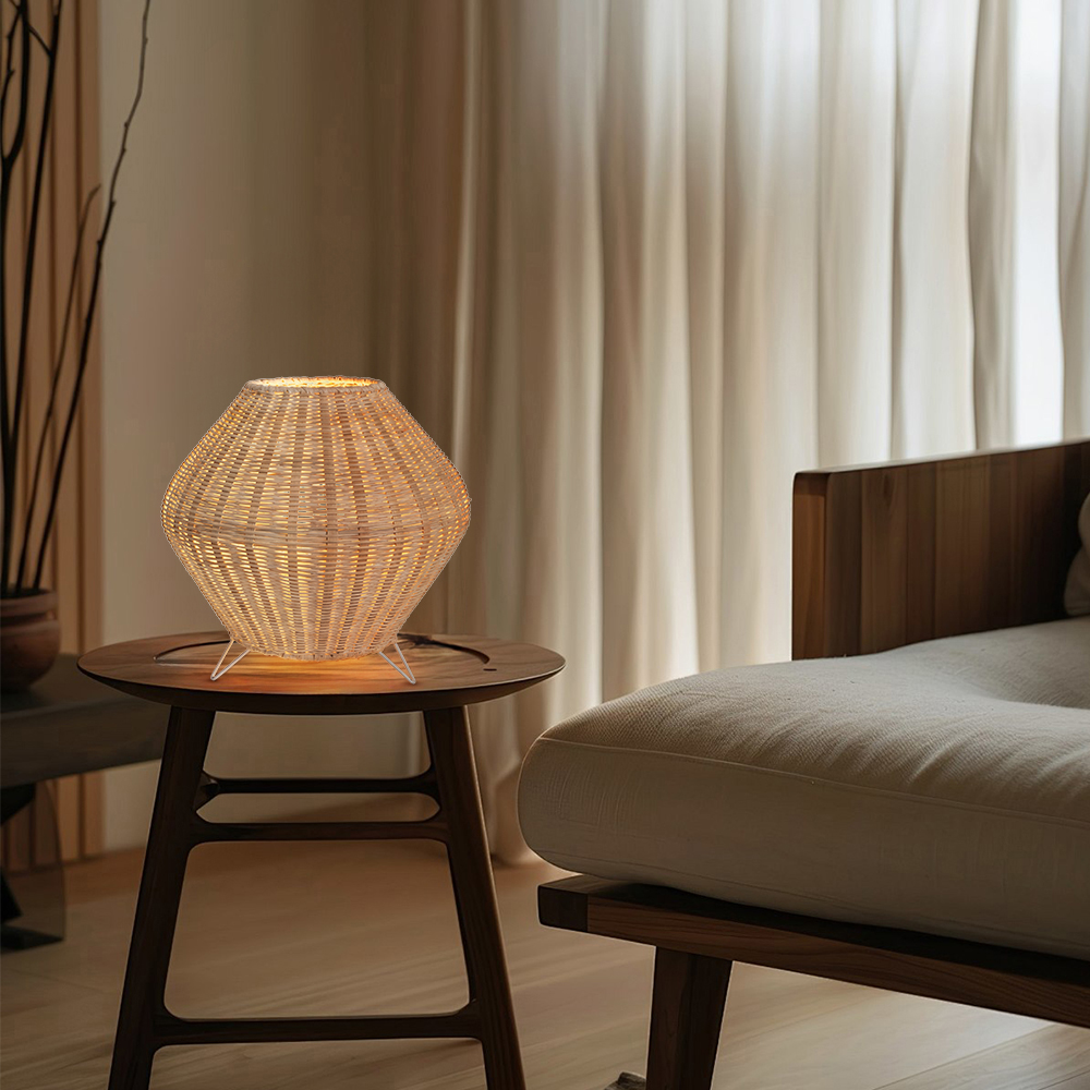 Handwoven Rattan Diamond Table Lamp with Metal Legs Boho Ambient Lighting