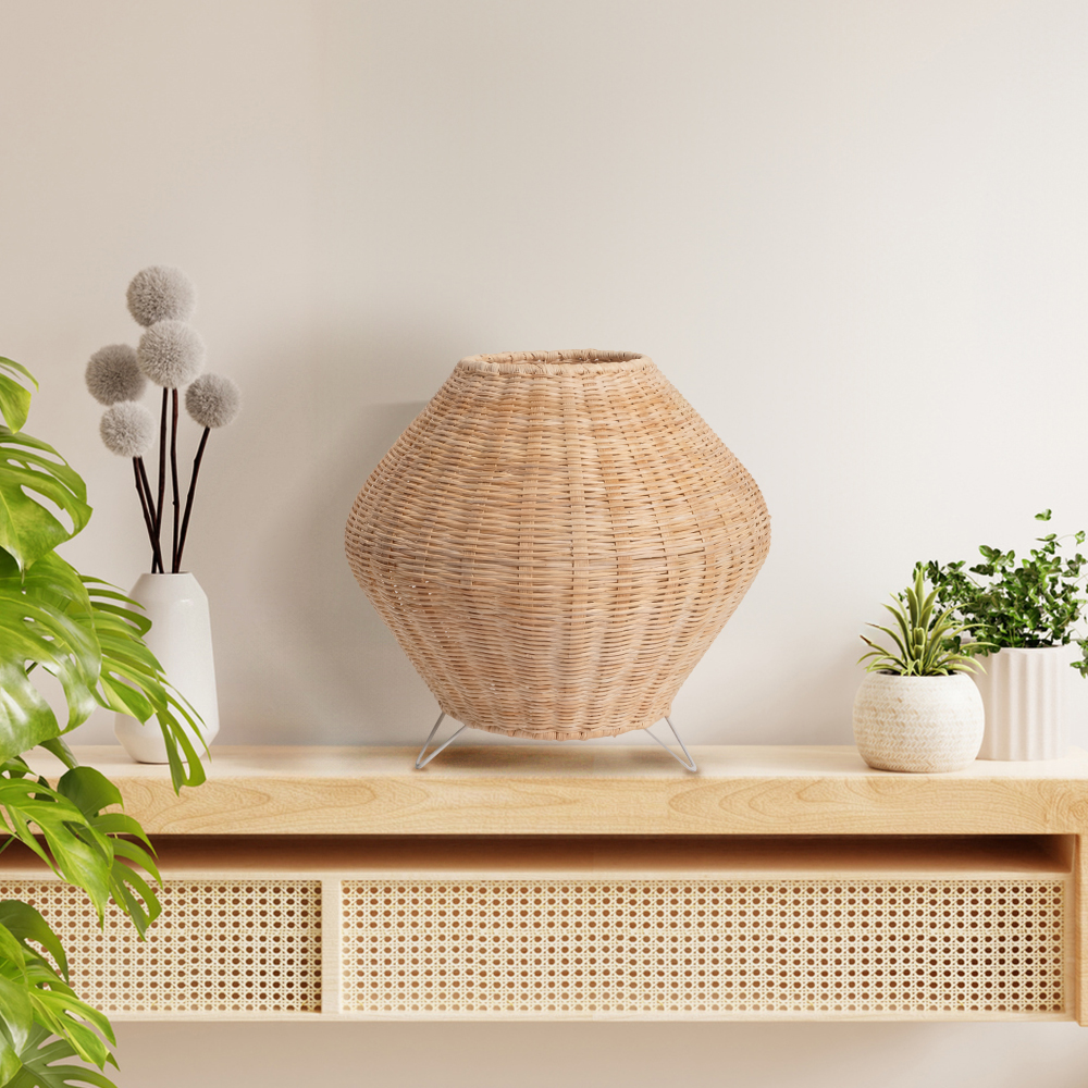 Handwoven Rattan Diamond Table Lamp with Metal Legs Boho Ambient Lighting