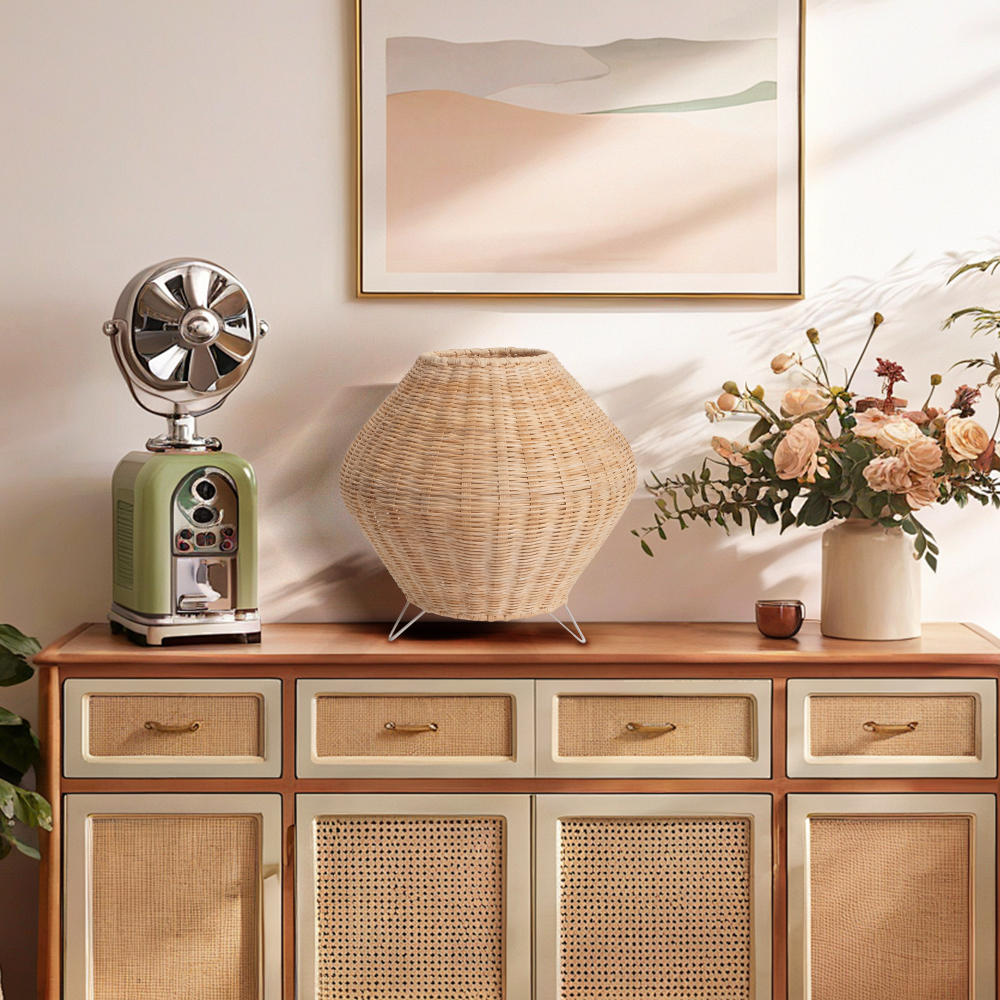 Handwoven Rattan Diamond Table Lamp with Metal Legs Boho Ambient Lighting