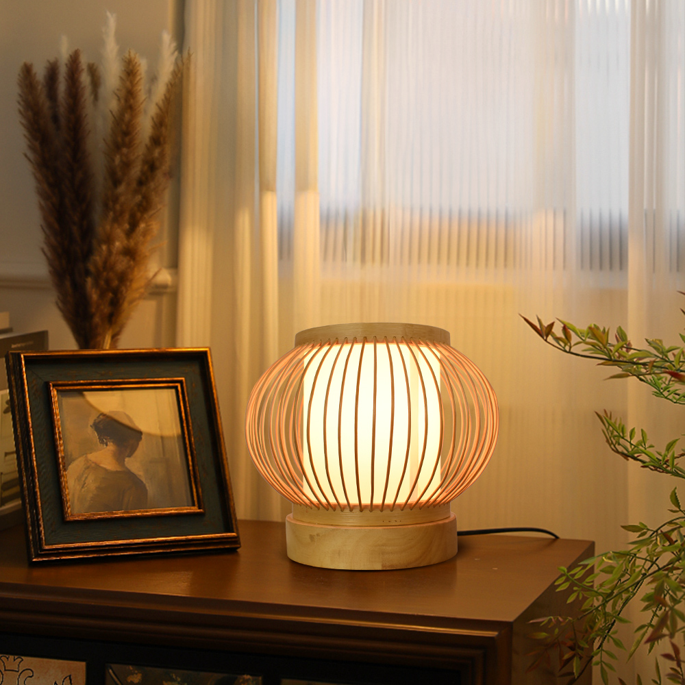 Slatted Bamboo Lantern Table Lamp for Warm Diffused Glow
