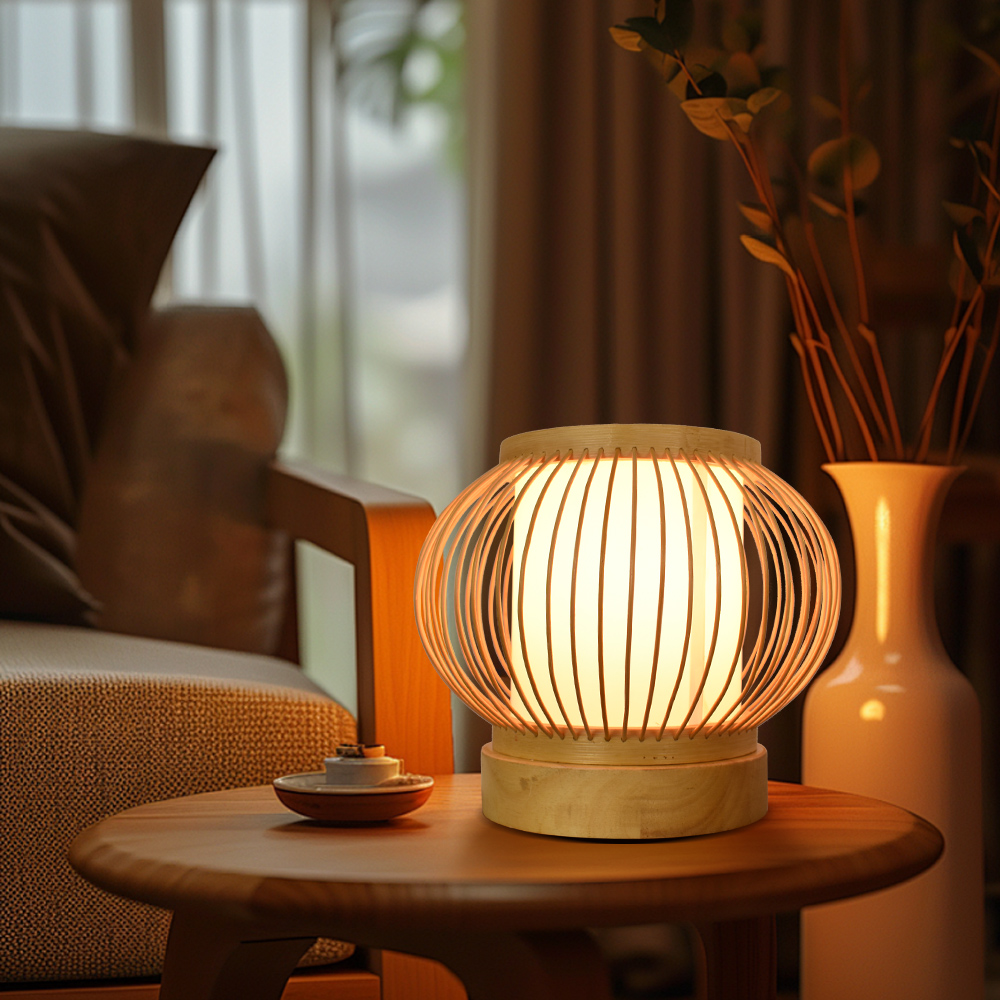 Japandi Bamboo Table Lamp Slatted Lantern Warm Diffused Light