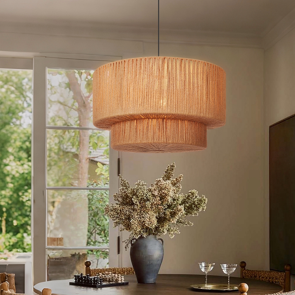 Organic Jute Weave Layered Cylinder Pendant Light