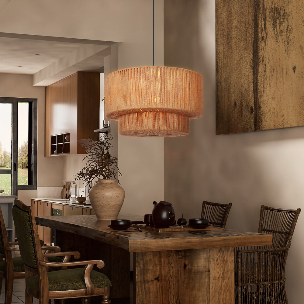 Organic Jute Weave Layered Cylinder Pendant Light
