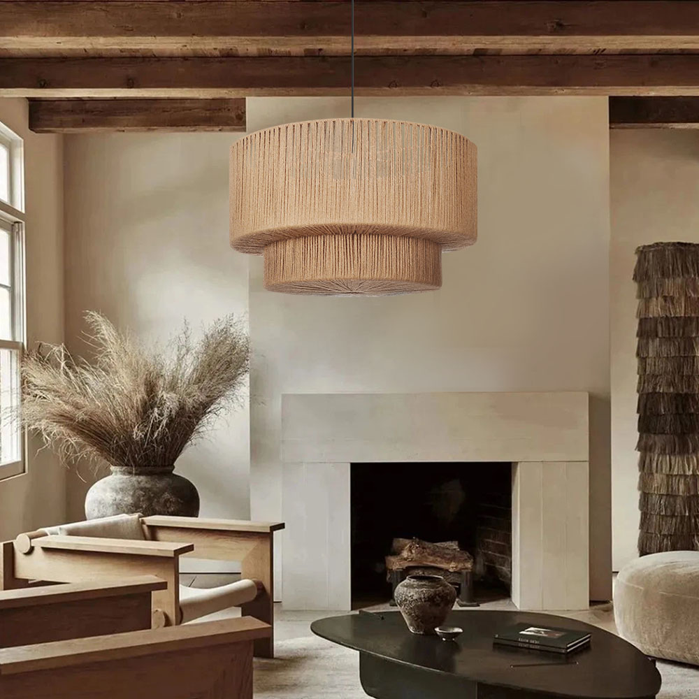 Organic Jute Weave Layered Cylinder Pendant Light