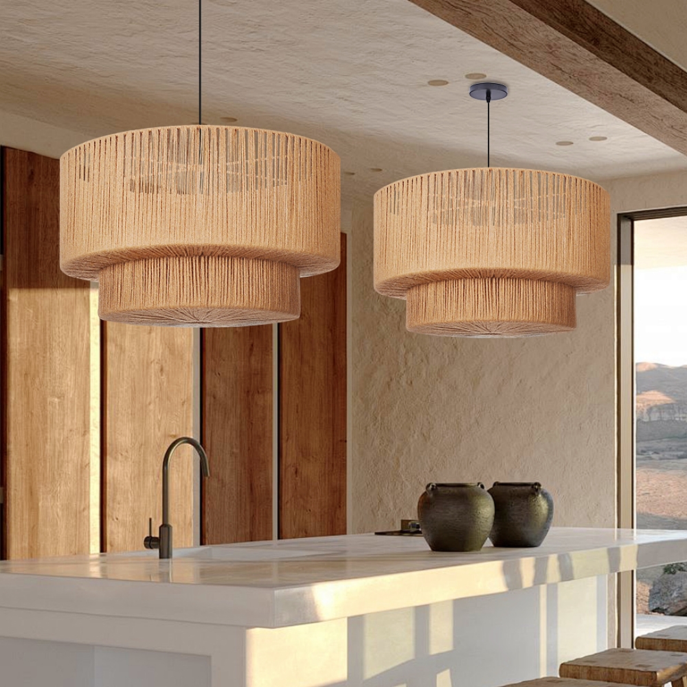 Organic Jute Weave Layered Cylinder Pendant Light