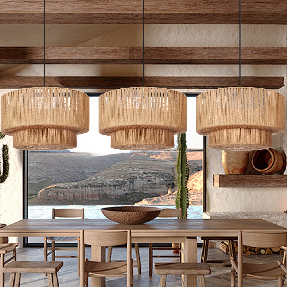 Organic Jute Weave Layered Cylinder Pendant Light