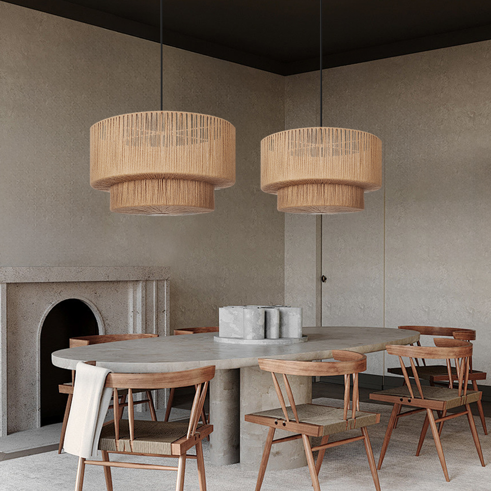 Organic Jute Weave Layered Cylinder Pendant Light