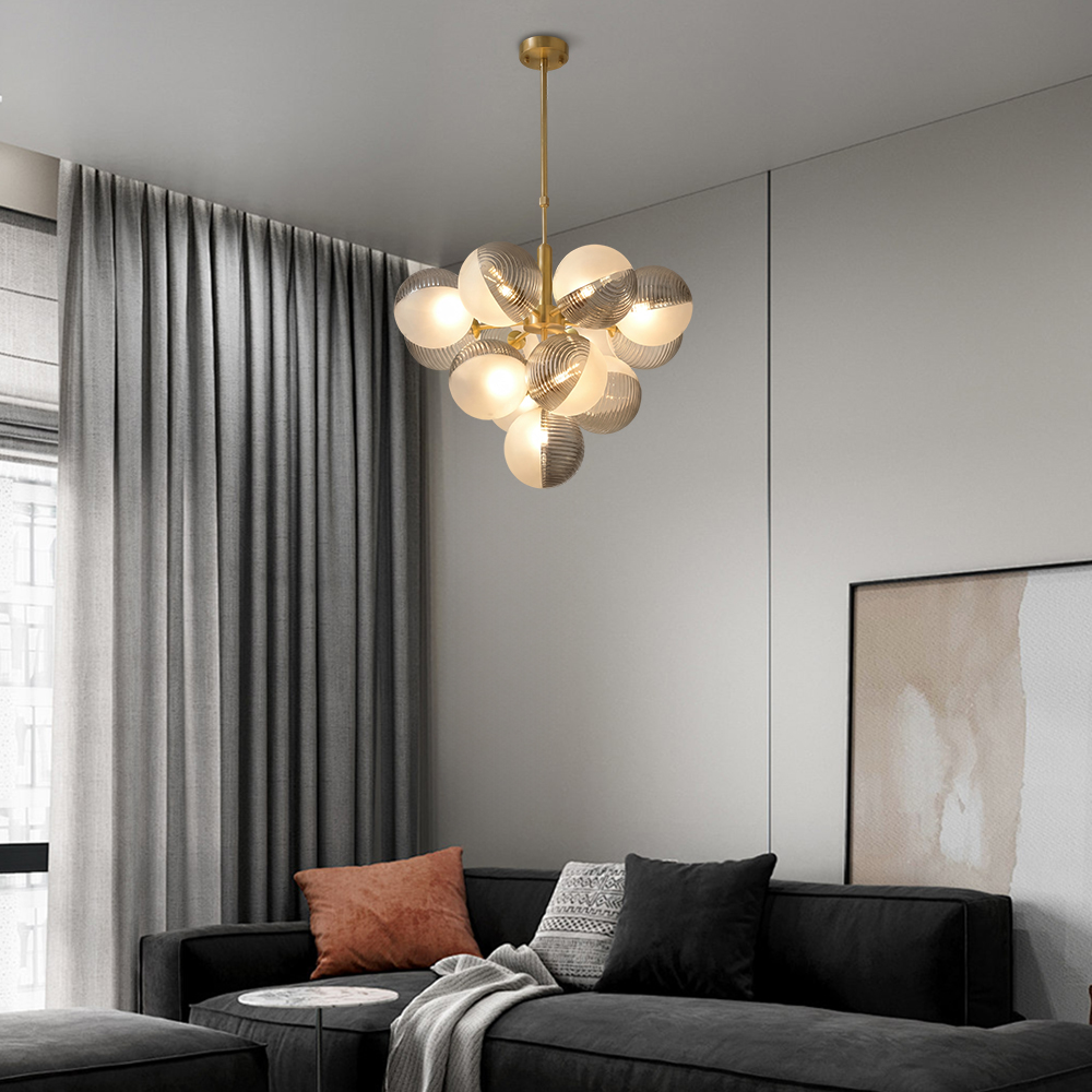 Contemporary Sculptural Ribbed Glass Globe Chandelier Brass Finish