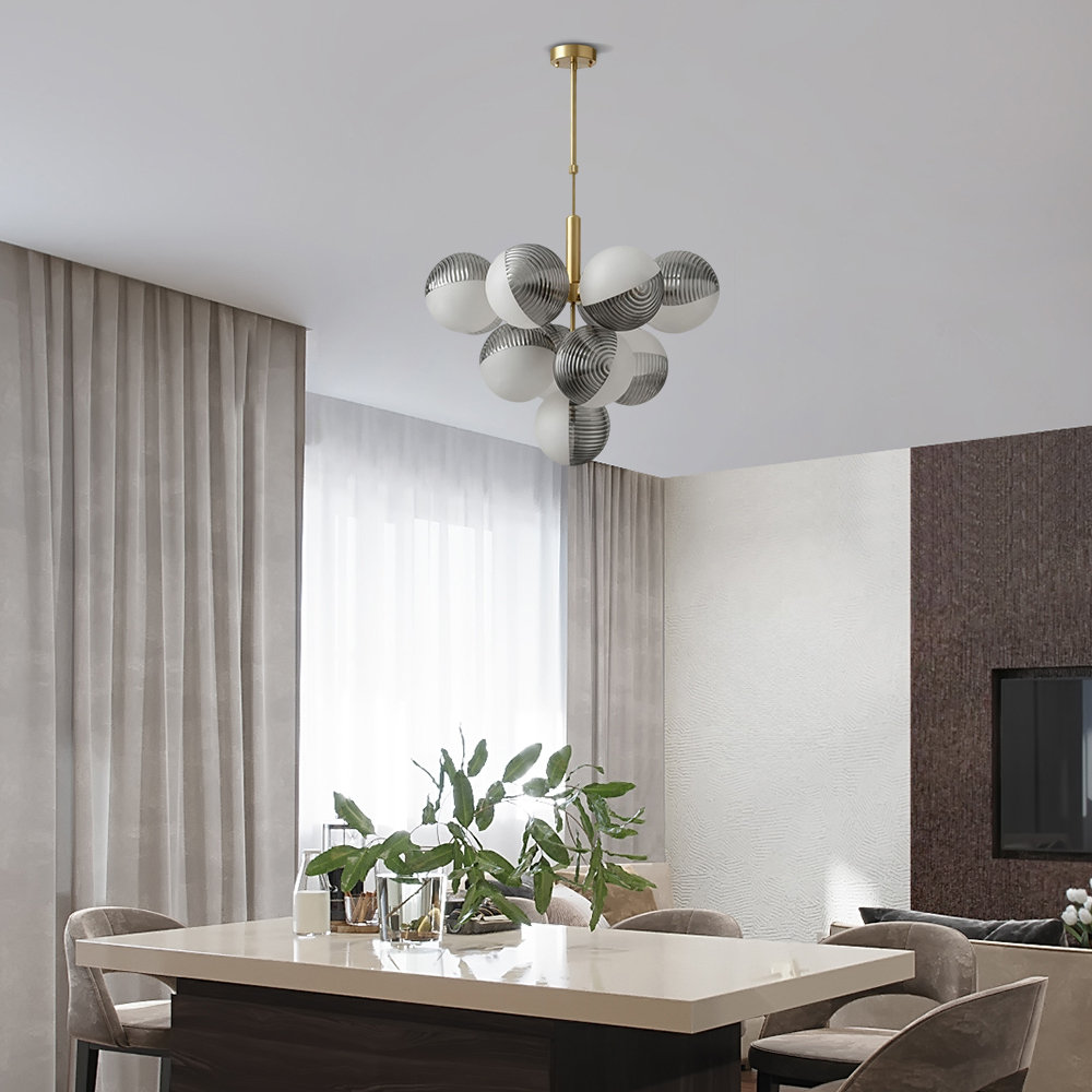 Contemporary Sculptural Ribbed Glass Globe Chandelier Brass Finish