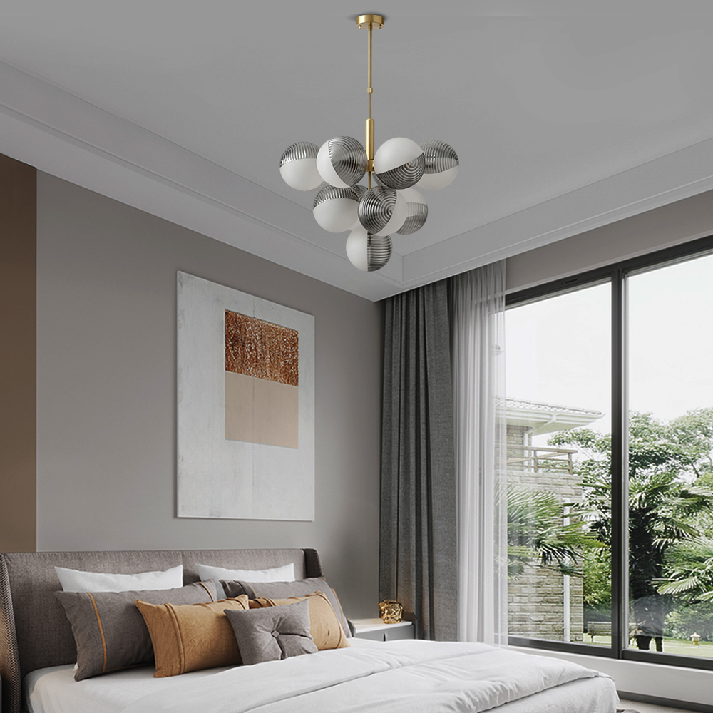 Contemporary Sculptural Ribbed Glass Globe Chandelier Brass Finish