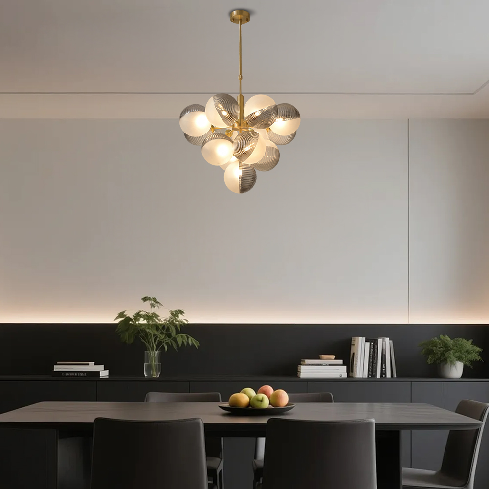 Contemporary Sculptural Ribbed Glass Globe Chandelier Brass Finish