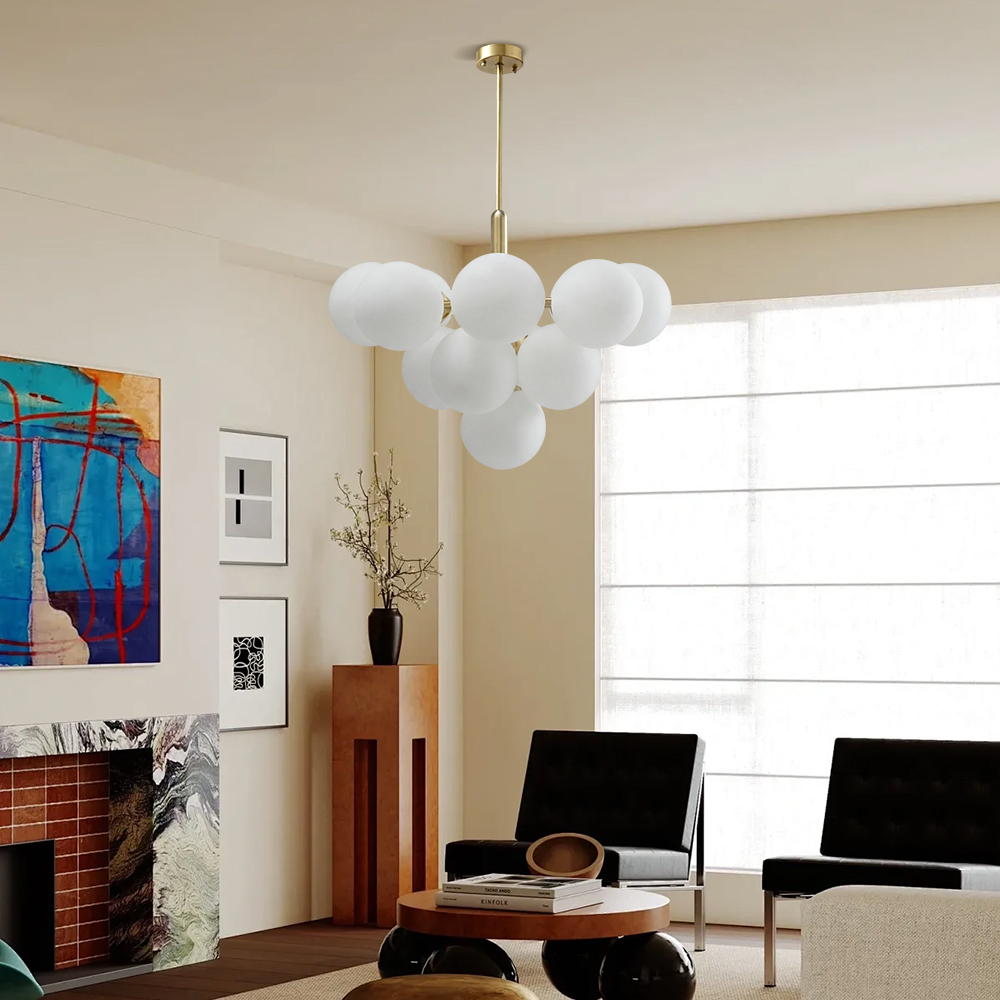 Contemporary Sculptural Ribbed Glass Globe Chandelier Brass Finish