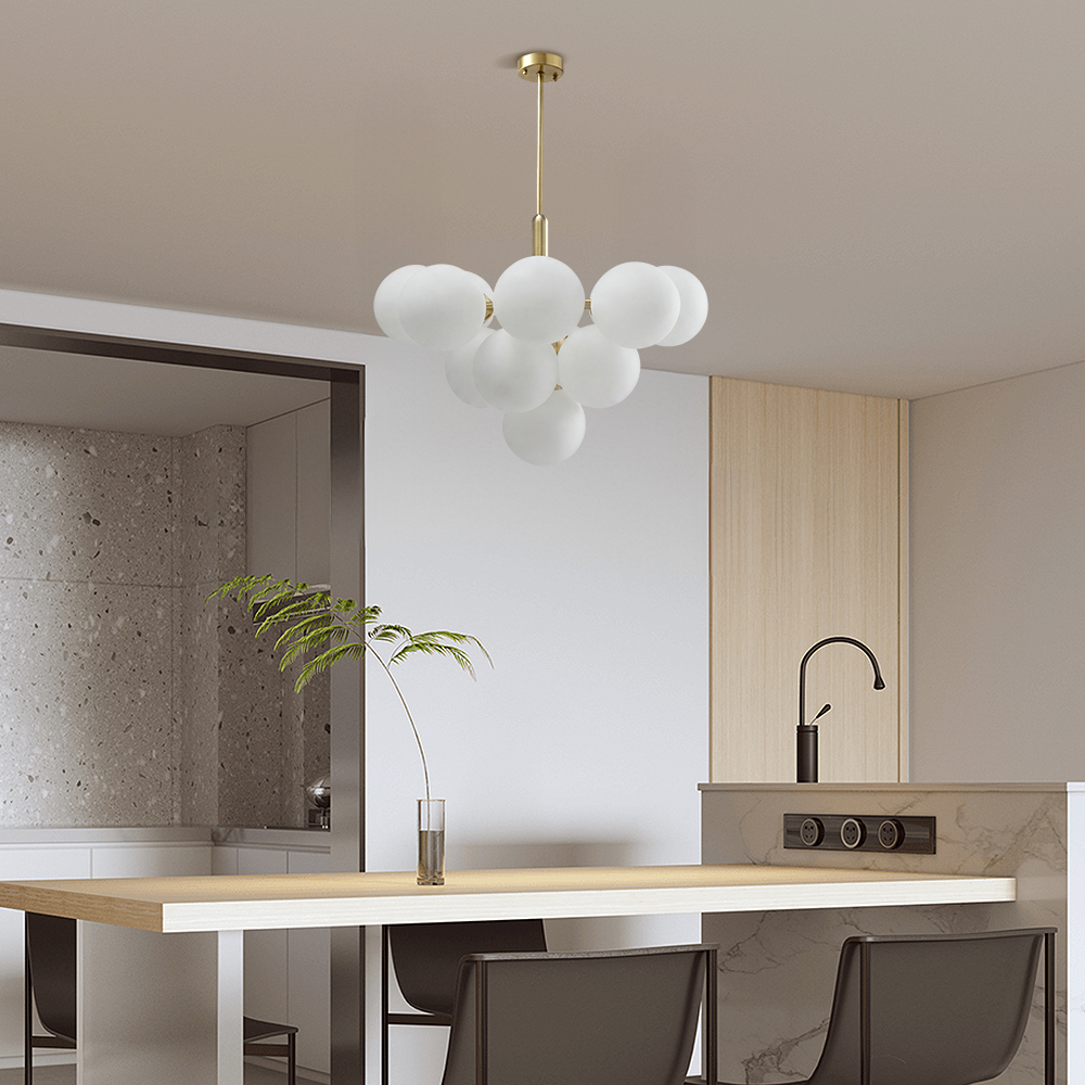 Contemporary Sculptural Ribbed Glass Globe Chandelier Brass Finish