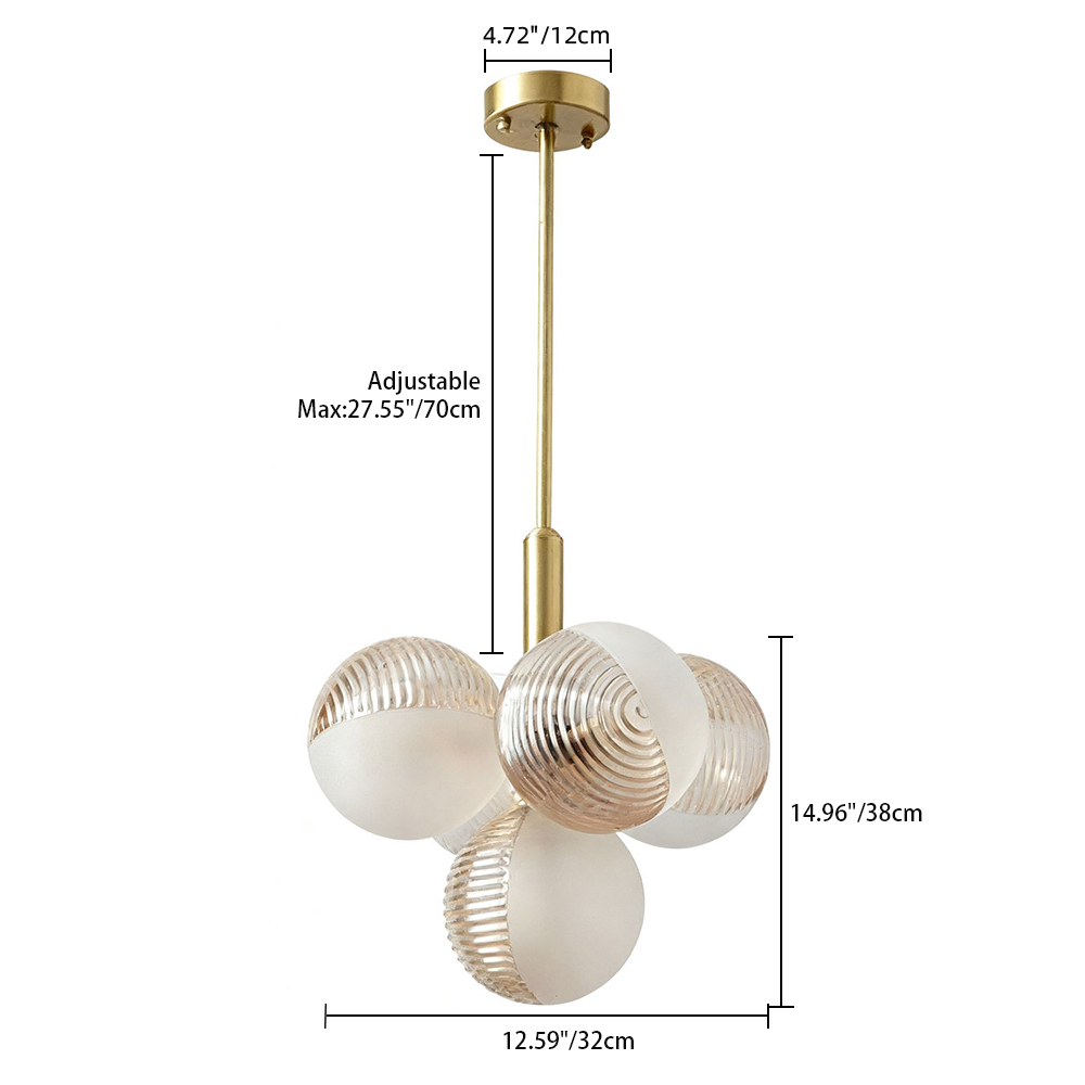 Contemporary Sculptural Ribbed Glass Globe Chandelier Brass Finish