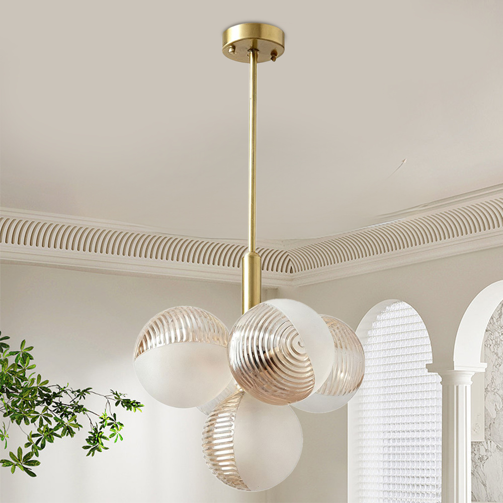 Contemporary Sculptural Ribbed Glass Globe Chandelier Brass Finish