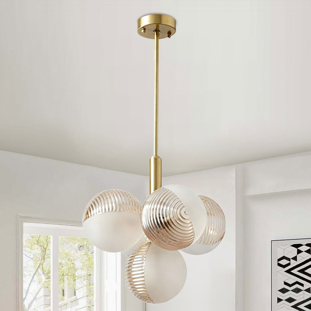 Contemporary Sculptural Ribbed Glass Globe Chandelier Brass Finish