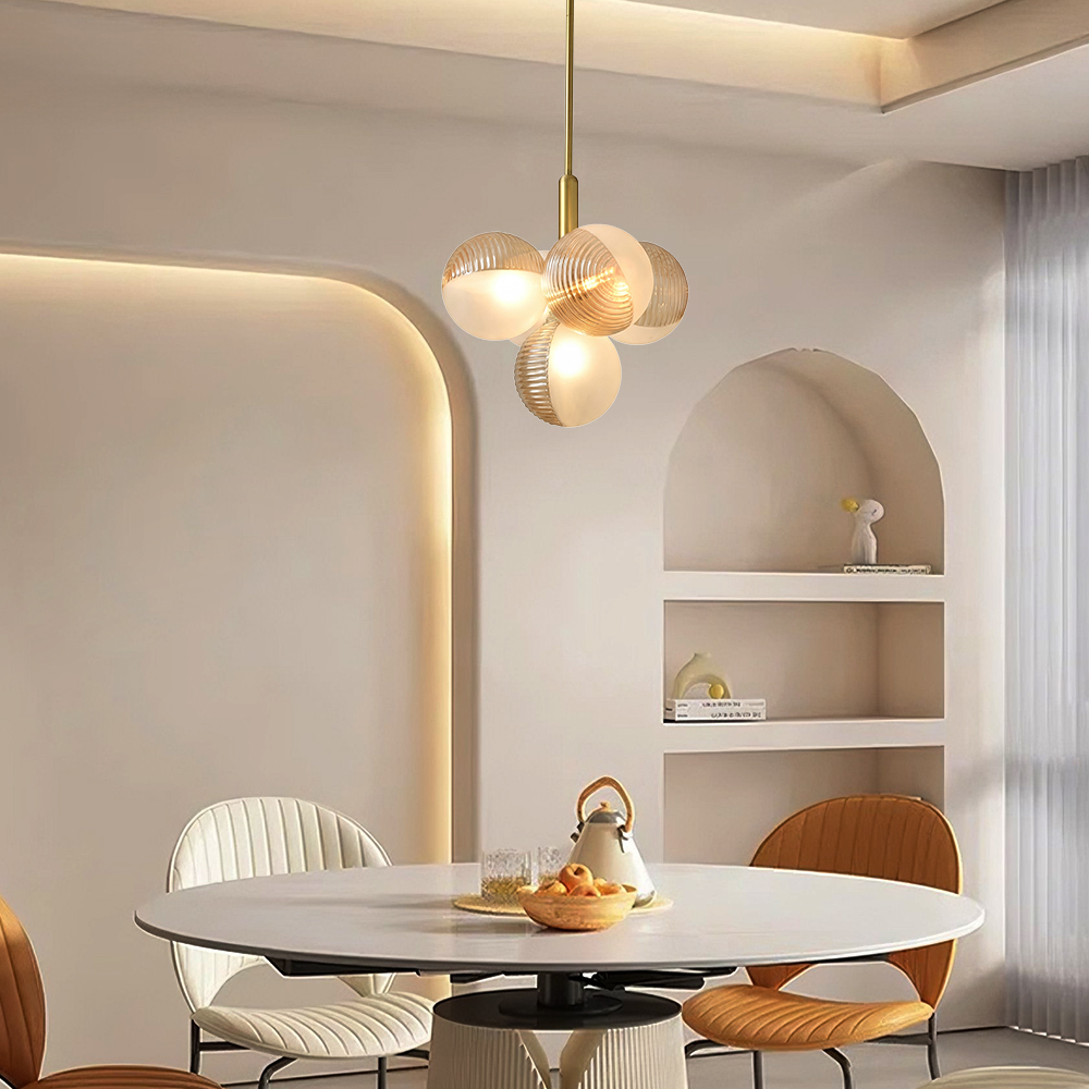 Contemporary Sculptural Ribbed Glass Globe Chandelier Brass Finish