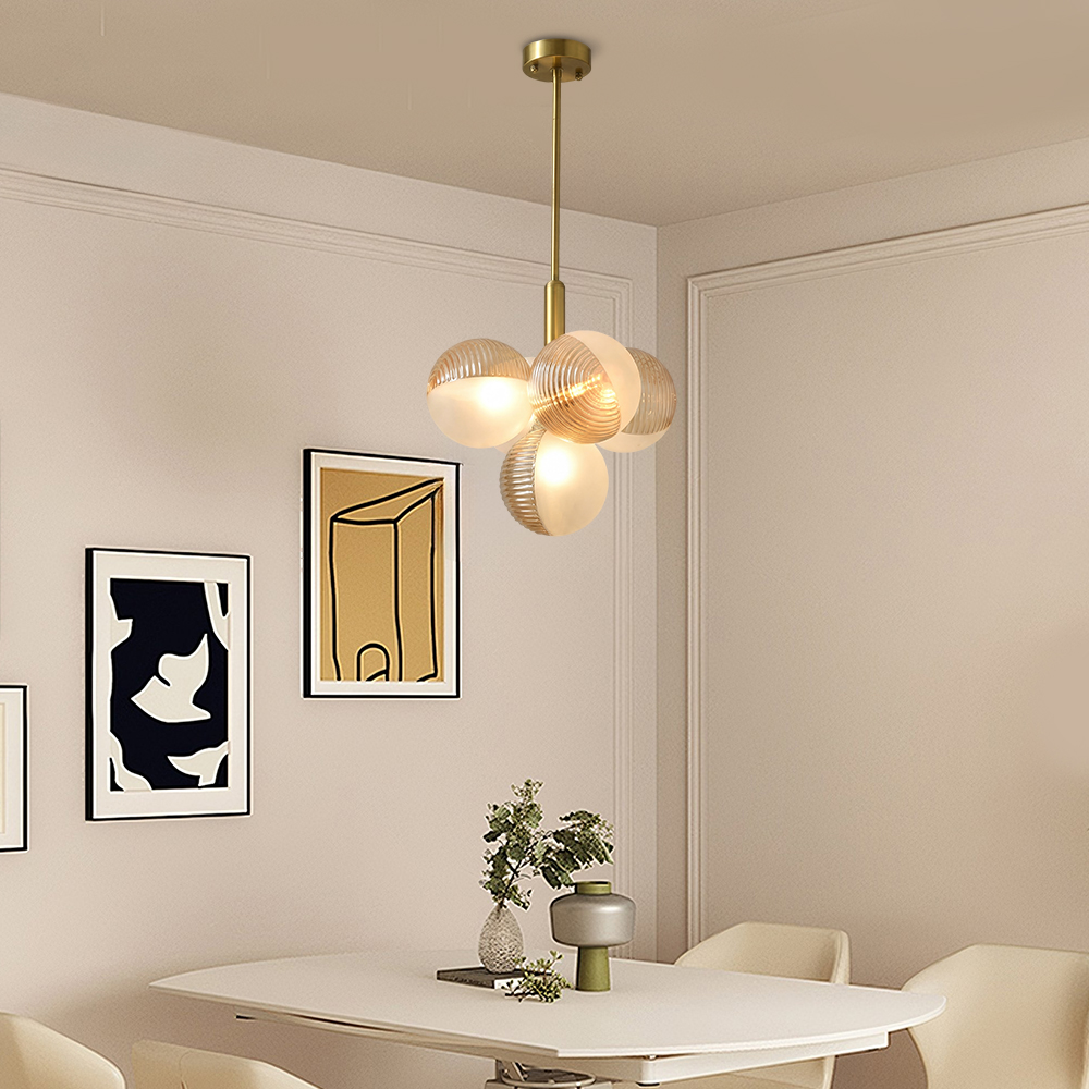 Contemporary Sculptural Ribbed Glass Globe Chandelier Brass Finish