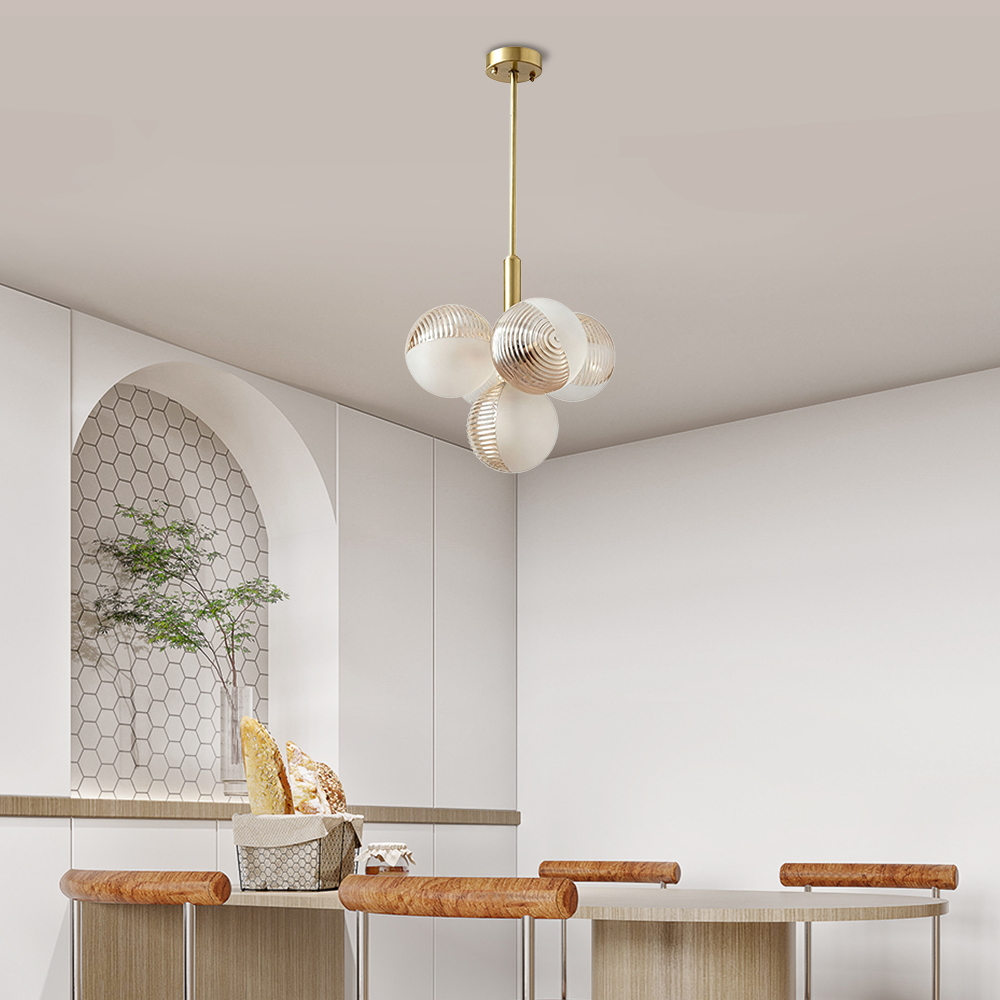 Contemporary Sculptural Ribbed Glass Globe Chandelier Brass Finish
